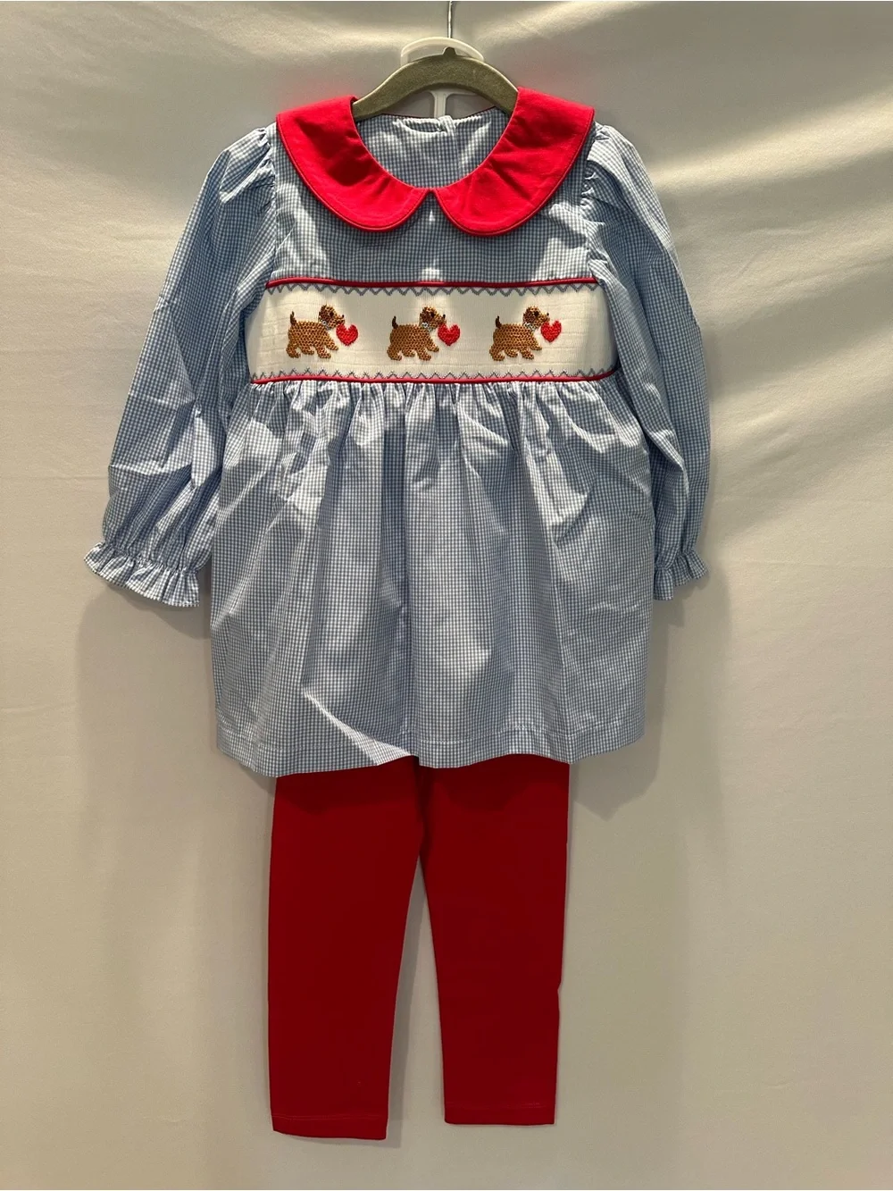 Girls Blue Gingham Top with Red Collar & Red Leggings